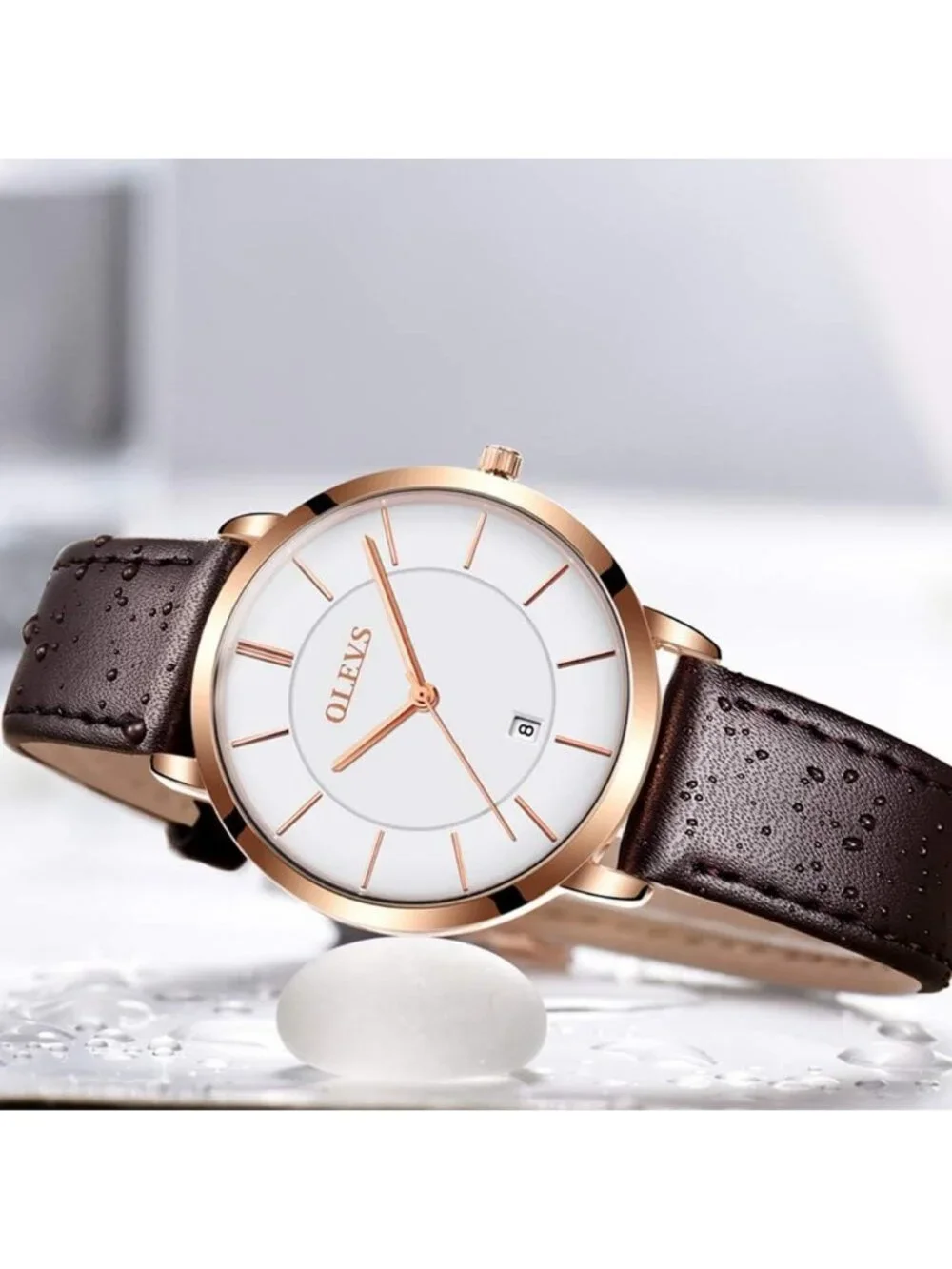 Women's White face & Rose gold bezel & Dark Brown Classic Dress Wrist Watch
